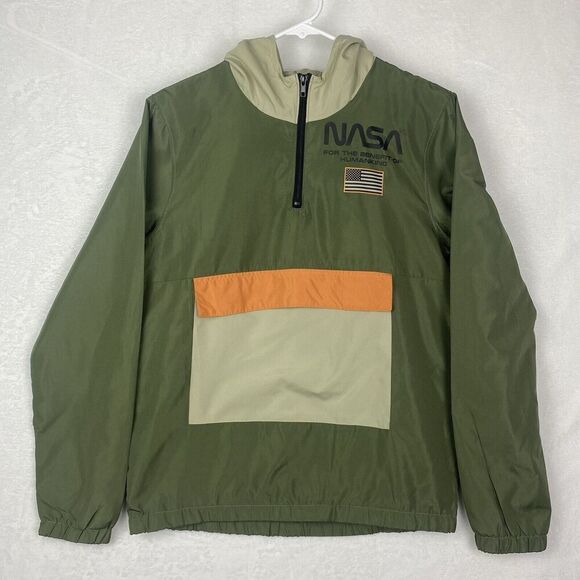 JEM Nasa Windbreaker Youth Extra Large Green Hooded Kangaroo Lightweight Pocket - Picture 1 of 7